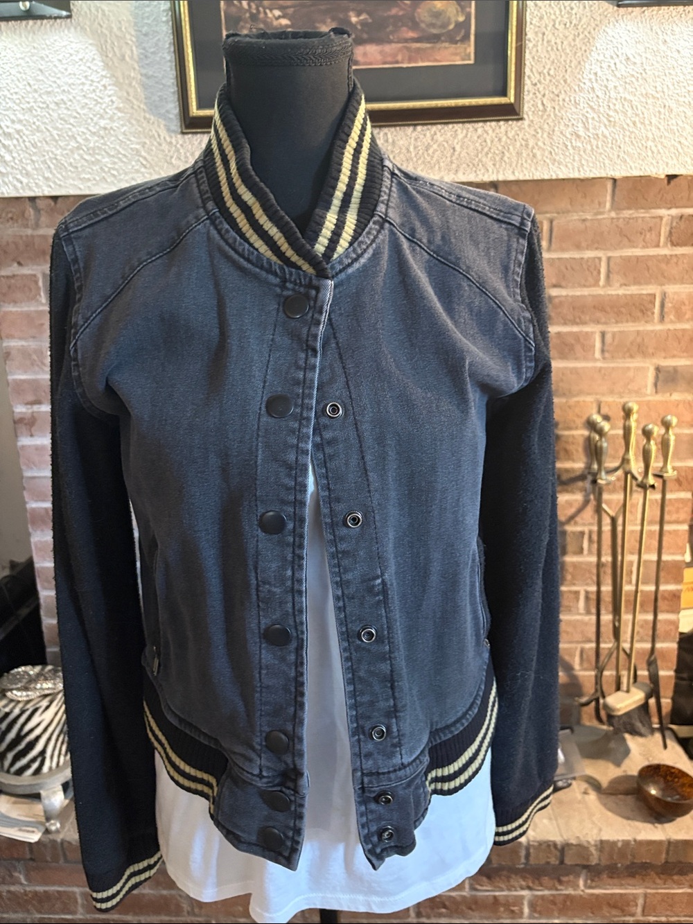 Striped-Trim Navy Varsity Jacket for Women